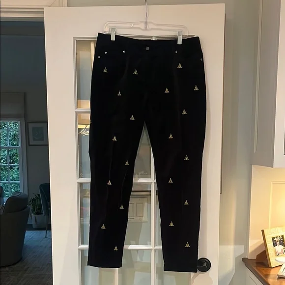 J McLaughlin black velvet Xmas tree Embroidered pants - Picture 1 of 5